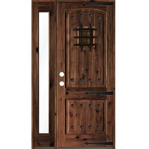 50 in. x 96 in. Mediterranean Knotty Alder Right-Hand/Inswing Clear Glass Red Mahogany Stain Wood Prehung Front Door