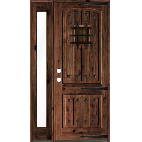 Krosswood Doors 56 in. x 96 in. Mediterranean Knotty Alder Right-Hand/Inswing Clear Glass Red Mahogany Stain Wood Prehung Front Door