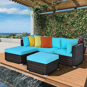 5-Piece Wicker Outdoor Sectional Set Patio Conversation Sofa Set with Turquoise Cushions
