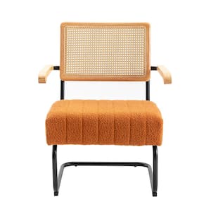 Mid-Century Rattan Backrest Orange Boucle Seat Accent Chair