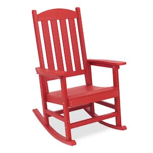 Bright Red Plastic Adirondack Outdoor Rocking Chair with High Back, Porch Rocker for Backyard