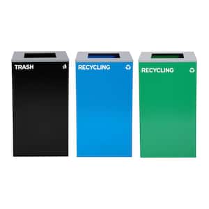87 Gal. 3-Stream Steel Blue Green Recycling Bin and Black Trash Can Waste Station with Square Slot Lids