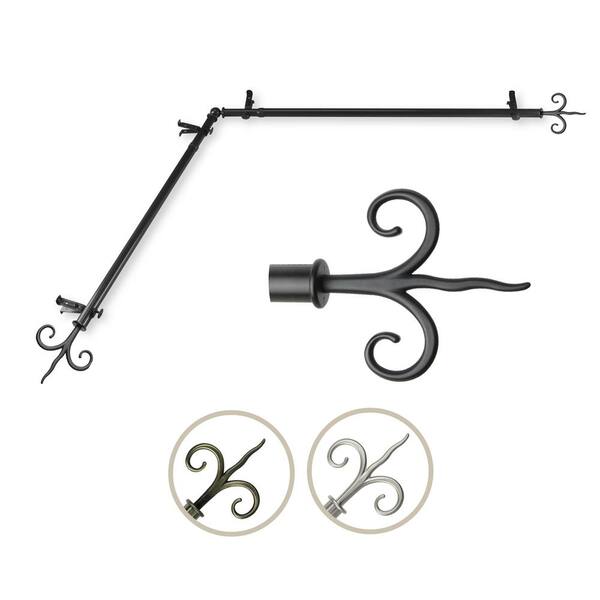 Rod Desyne 13/16" Dia Adjustable 48" to 84" Single Corner Window Curtain Rod in Black with Fleur Finials