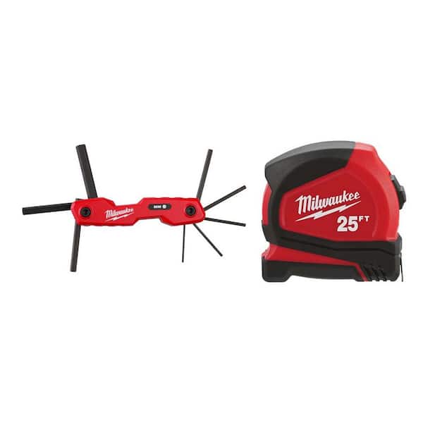 Milwaukee Folding Metric Hex Key Set (8-Piece) with Compact Auto Lock 25 ft. SAE Tape Measure with Fractional Scale