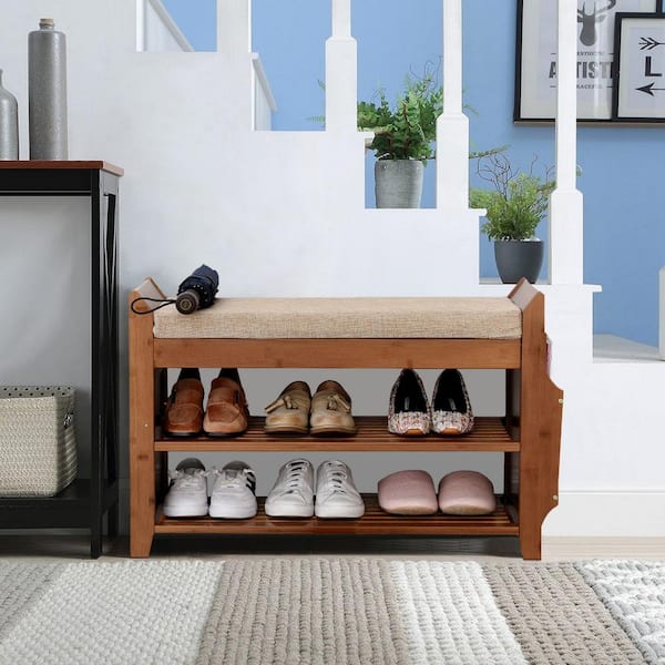 17 in. H 5-Pair White Wood Shoe Rack Bench 3-Tier Storage Shelf shoes-219 -  The Home Depot