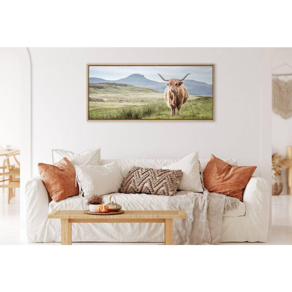 Highland Cow Mountain Landscape Canvas Print with Natural Frame