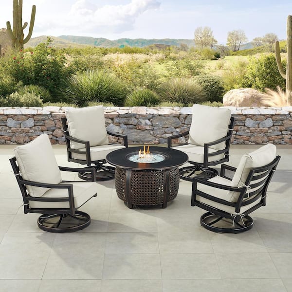 Oakland Living Black 7-Piece Aluminum Patio Fire Pit Set with 4-Club Chairs Light Grey Cushions