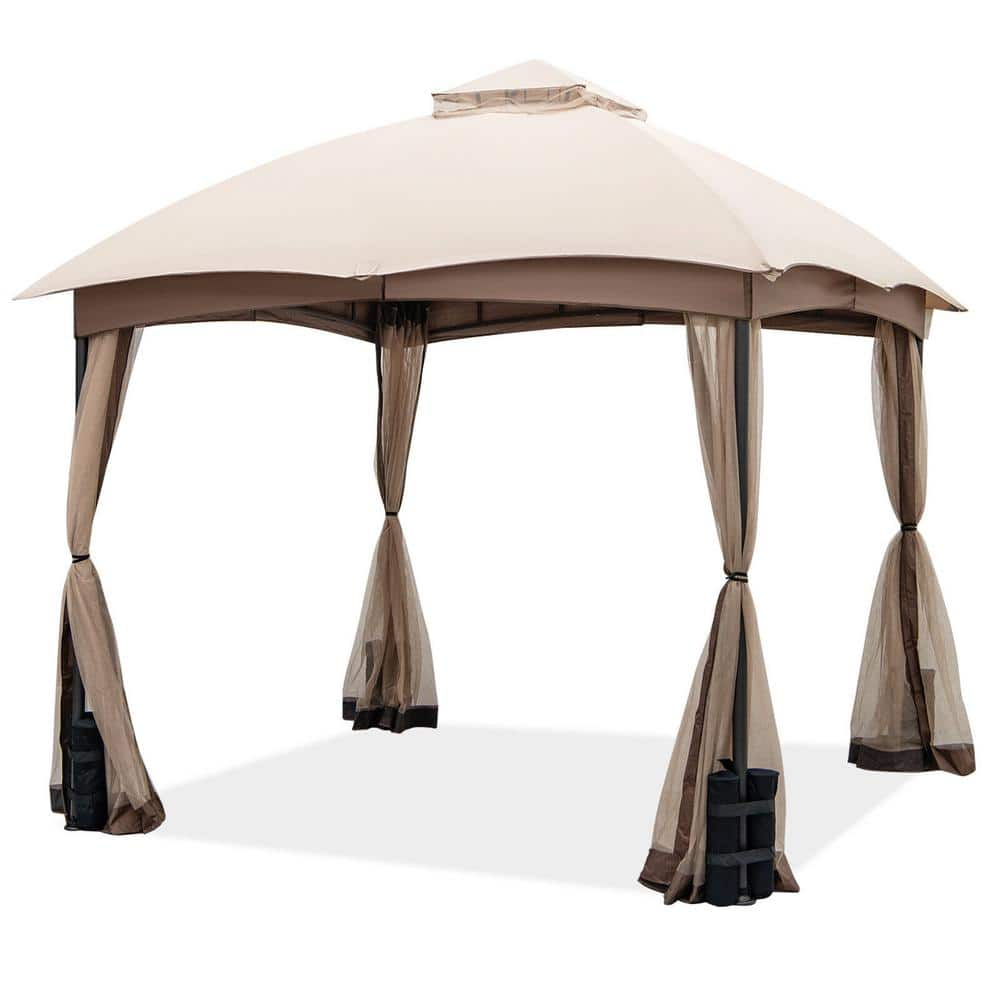 WELLFOR 10 ft. x 10 ft. Beige Outdoor Patio Gazebo Canopy with Privacy ...