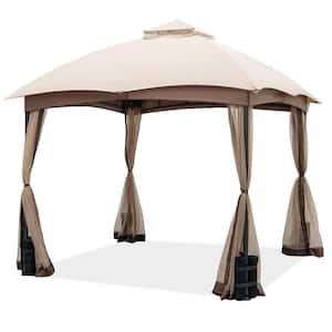 10 ft. x 10 ft. Beige Outdoor Patio Gazebo Canopy with Privacy Netting and 4 Sandbags