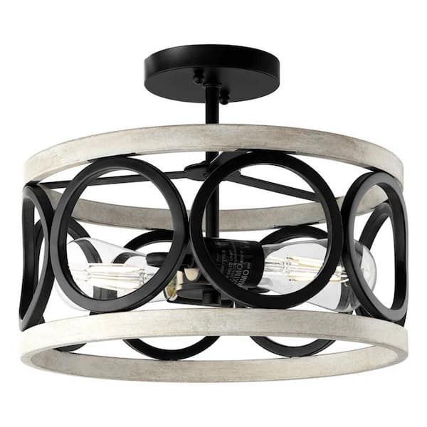 Lightania 13 in. 2-Light Matte Black and Wood-Grain White Transitional Semi-Flush Mount with No Bulbs Included
