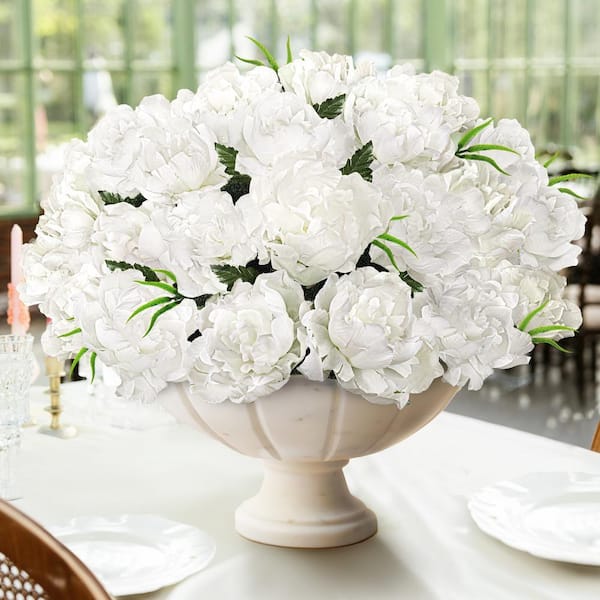 LIVING LUXURY 14 in. White Artificial Open Peony Flower Stem Bush