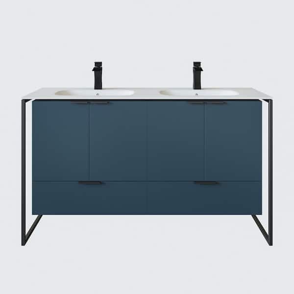 Onyx 48 in. Double Sink Floating Blue Bath Vanity with White Solid Surface Top (Assembled)