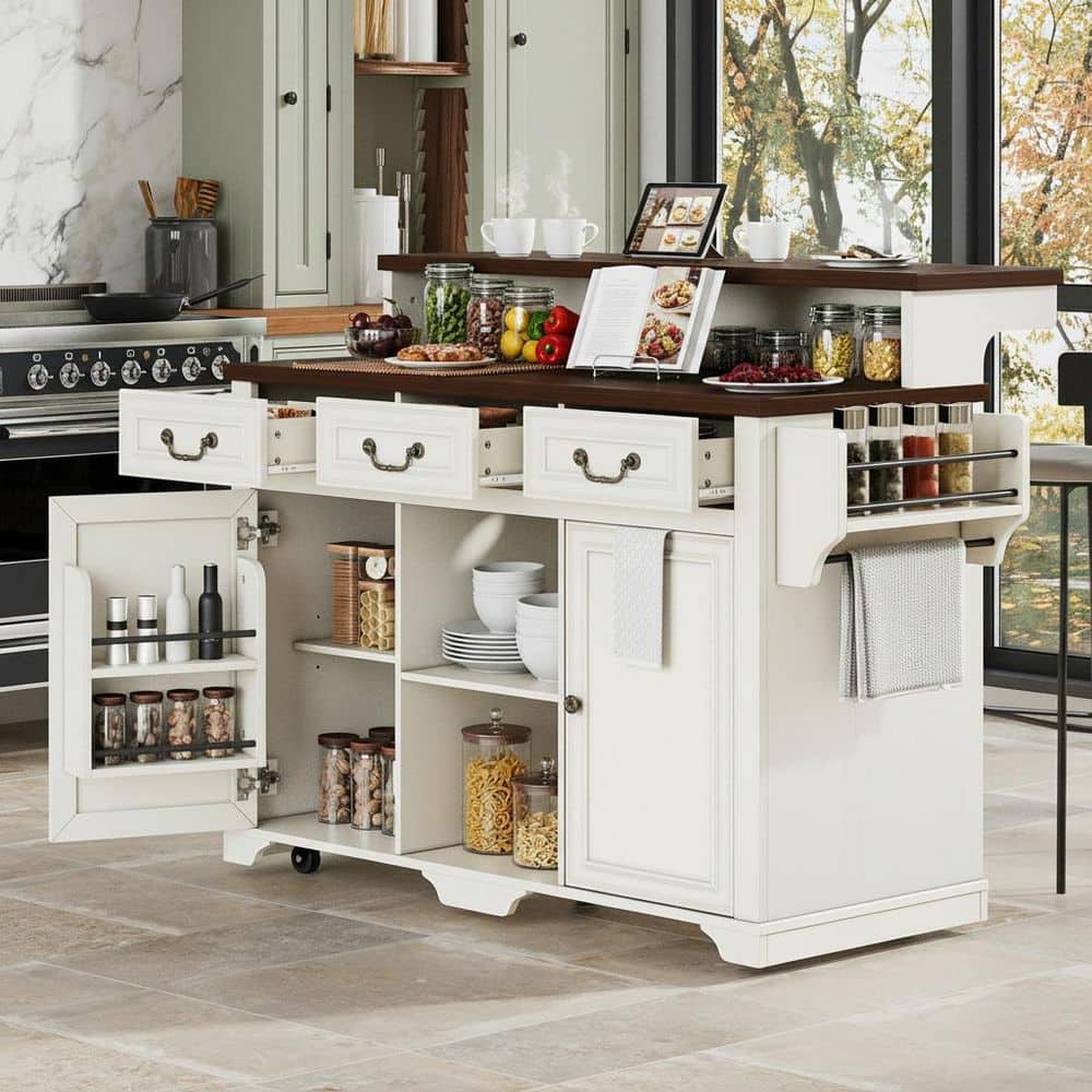 Cesicia Farmhouse White Wood 53.2 in. Rolling Power Outlet Drop