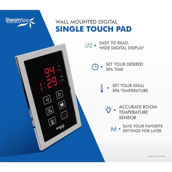 Steam Bath Generator Single Unit Easy Touch Control Panel with Temp Sensor Digital Display and Memory in Polished Chrome