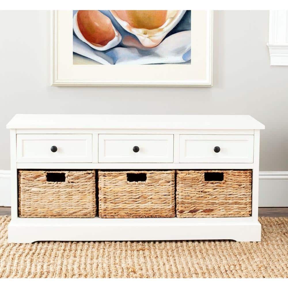 Distressed Cream Pine Storage Bench with 3 Drawers & Wicker Baskets