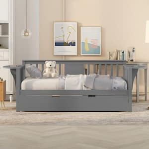 Gray Twin Size Daybed with Trundle, Daybed Frames with Small Foldable Table, No Box Spring Required