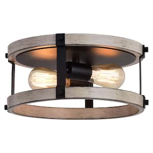 Danvers 13 in. W Black and Weathered Gray Farmhouse Flush Mount Cage Ceiling Light Fixture