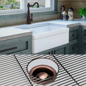 Luxury White Solid Fireclay 30 in. Single Bowl Farmhouse Apron Kitchen Sink with Antique Copper Accs and Belted Front