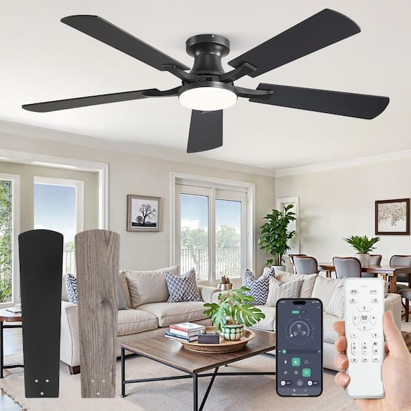 52 in. Smart Indoor Black Flush Mount Ceiling Fan with Dual-Finish Blades and Light Kit and App and Remote Control