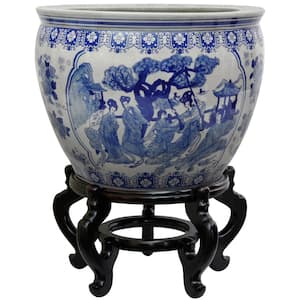 14 in. Ladies Blue and White Porcelain Fishbowl
