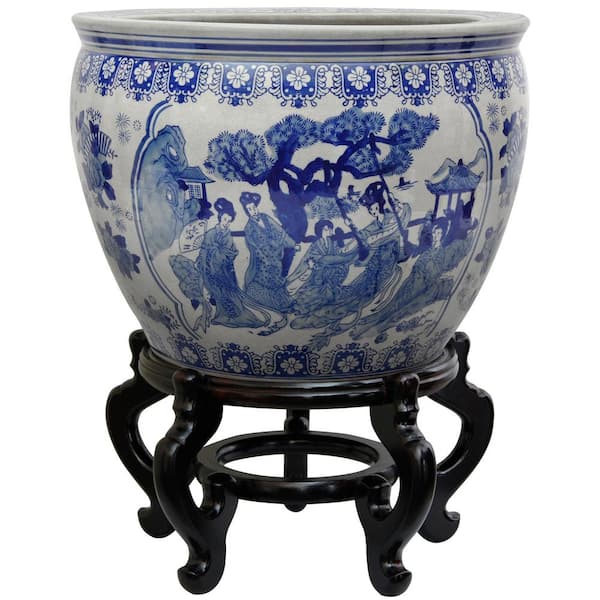 Oriental Furniture 14 in. Ladies Blue and White Porcelain Fishbowl