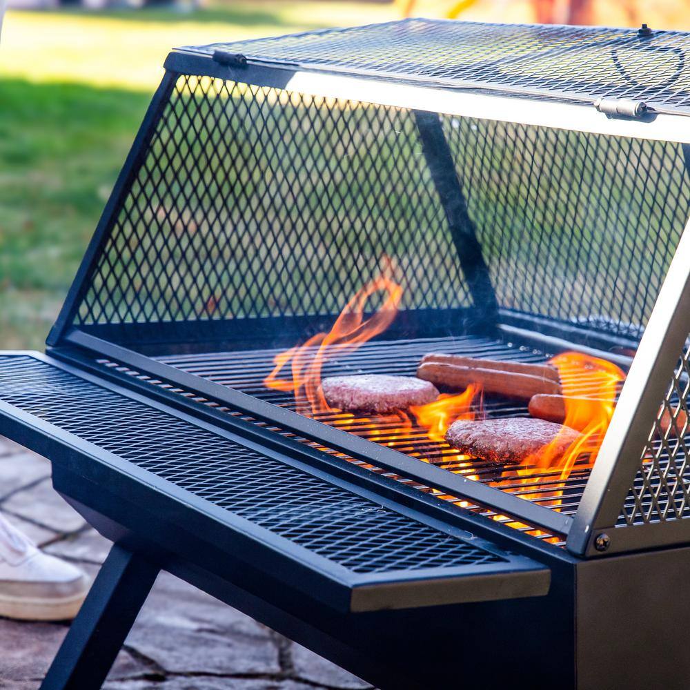 Black Steel Outdoor Fire Pit with Grill and Spark Screen