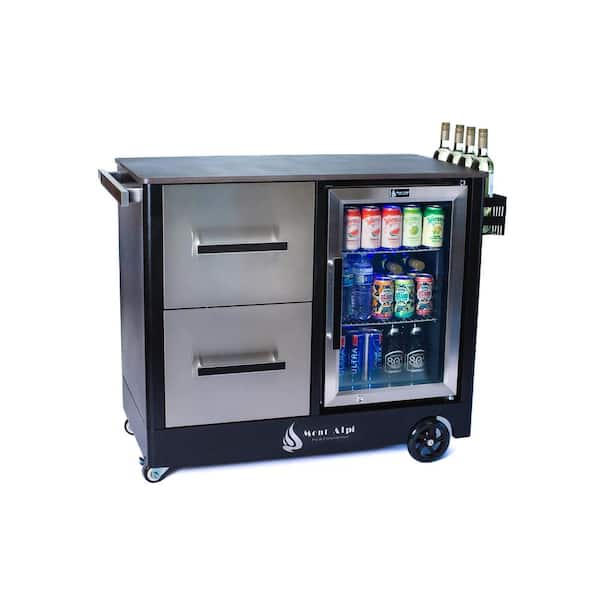 Grill Cart MAPCL Ceramic Top Counter Mobile Kitchen Prep Center + Wine Holder + Outdoor Refrigerator in Stainless Steel