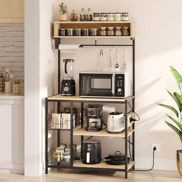 Bestier 33.3in Oak Kitchen Baker's Rack with Power Outlet, Paper Towel Holder, Wire Basket, 10 S Hooks, and Towel Rod