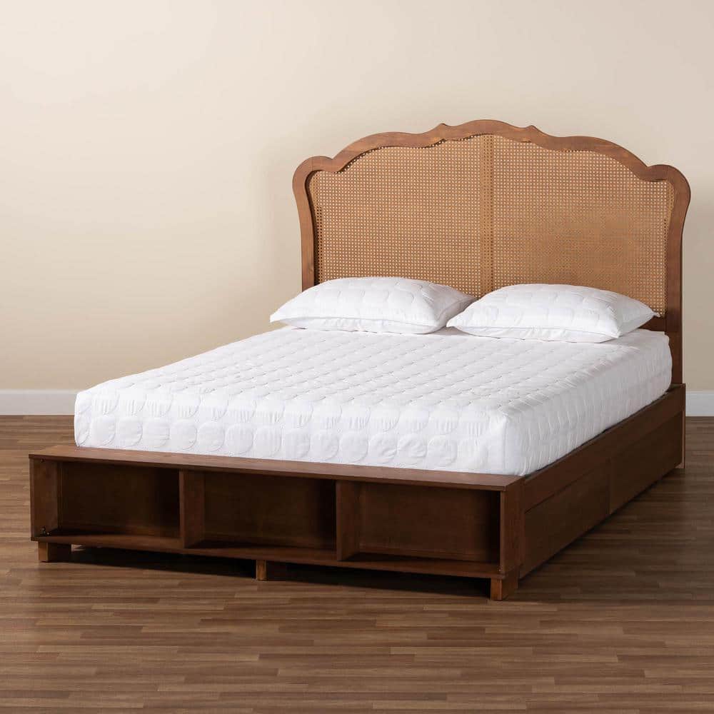 Latrell Walnut Brown Wood Queen Bed with Rattan Headboard and Storage