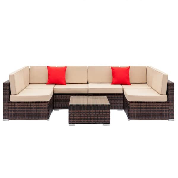 Karl home Brown 7-Piece Wicker Outdoor Sectional Set with Beige Cushions