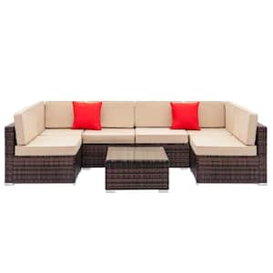 Black Frame 7-Piece Brown Wicker Outdoor Sectional Set with Beige Cushions