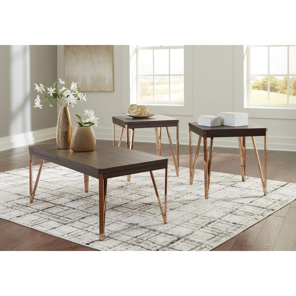 Dark Brown and Gold Rectangular Coffee and End Table Set