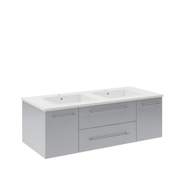 Fresca Lucera 48 in. Double Sink Wall Mount Floating Gray Bath Vanity with White Quartz Top and Undermount Ceramic Sinks
