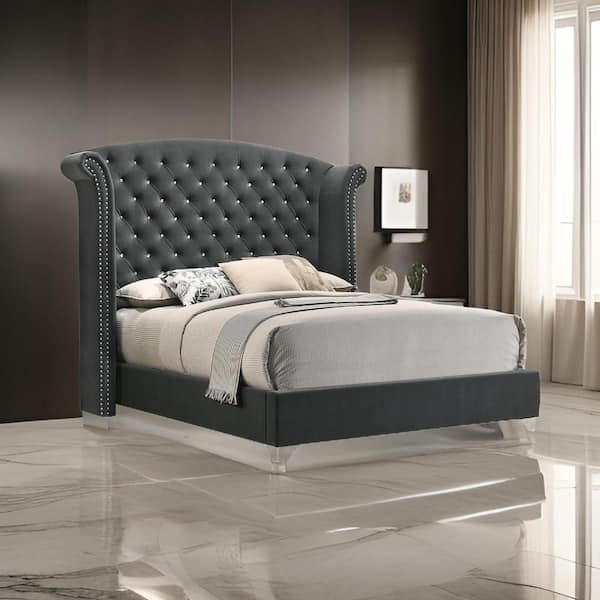 Benjara Giya Wingback Gray Nickel and Chrome Wood Frame King Size Platform Bed