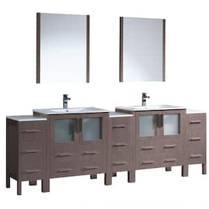 Torino 96 in. Double Vanity in Gray Oak with Ceramic Vanity Top in White with White Basins and Mirrors