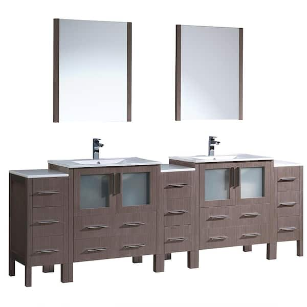 Fresca Torino 96 in. Double Vanity in Gray Oak with Ceramic Vanity Top in White with White Basins and Mirrors