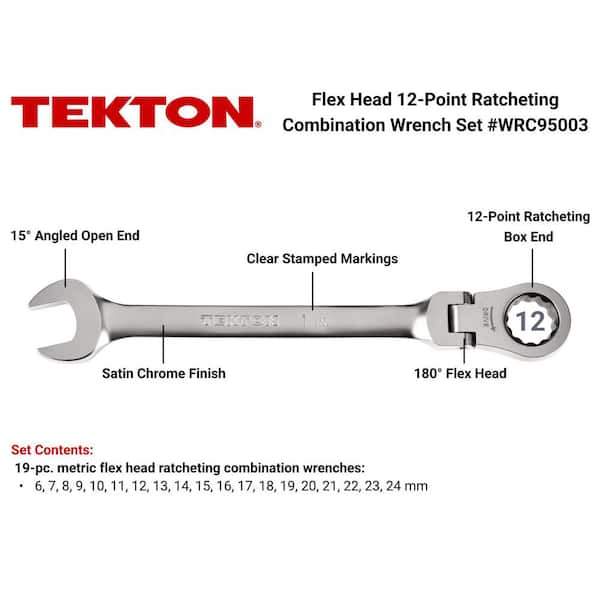 19-Piece (6-24 mm) Flex Head 12-Point Ratcheting Combination Wrench Set