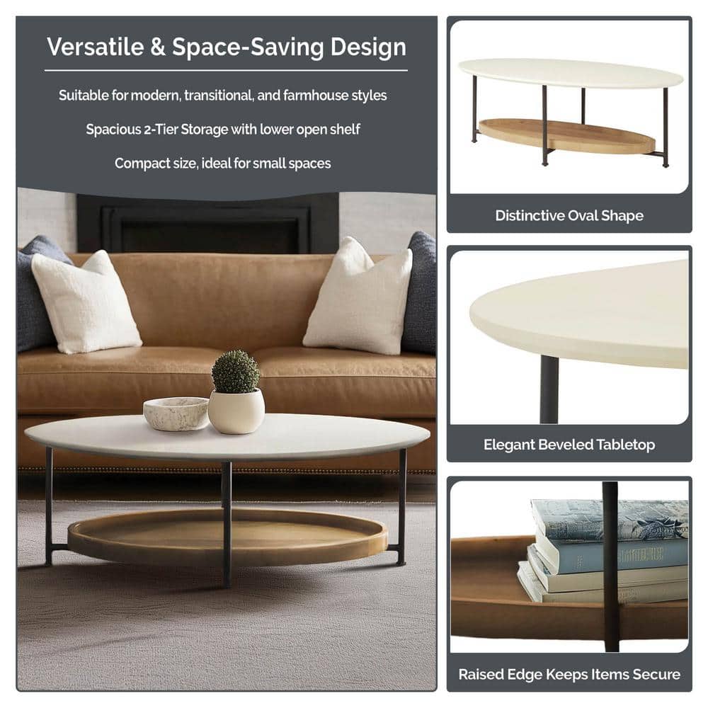 White and Natural Oval Wood Metal Coffee Table