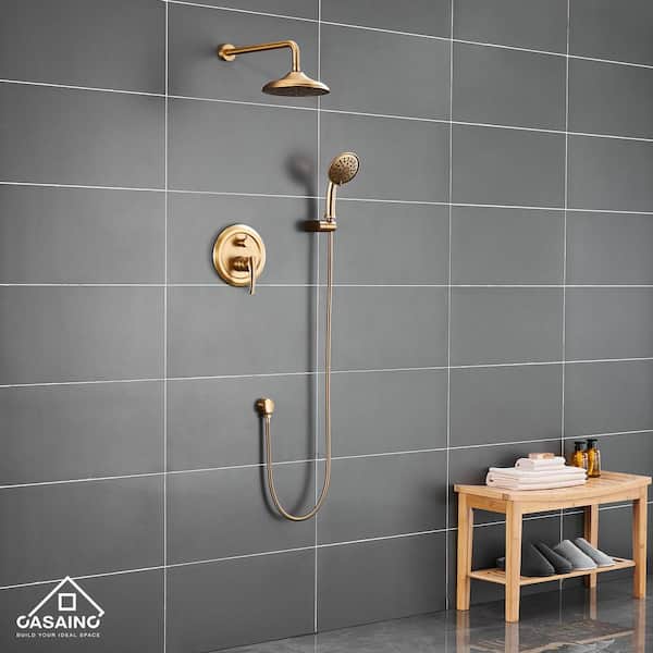 3-Spray Patterns 8.3 in. Wall Mount Shower Faucet Set Dual Shower Heads in Brushed Gold, (Rough in Valve Included)