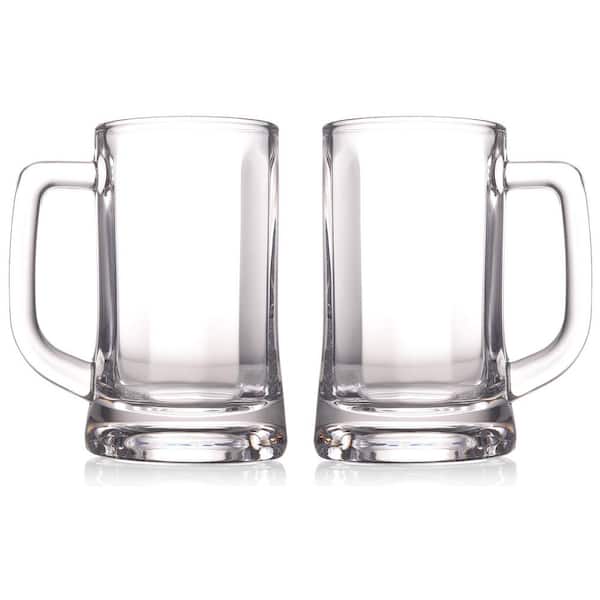 Set of 2 Clear Thick Glass Beer Mugs with Large Comfortable Handles 12 oz Capacity Dimple Heavy Stein