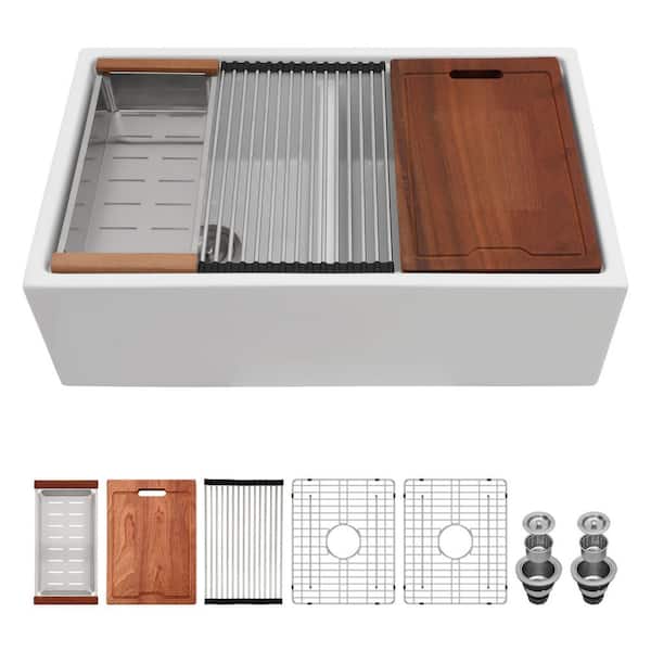 33 in. Farmhouse/Apron-Front Double Bowl White Ceramic Kitchen Sink with Cutting Board/Colander/Drain Assembly