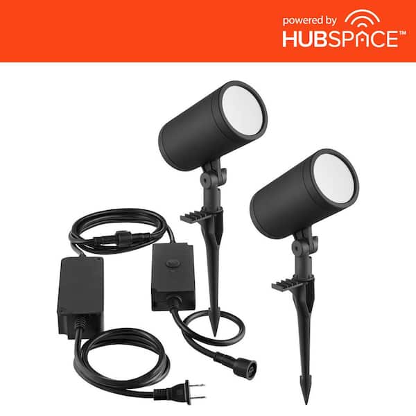 Hampton Bay Smart Black RGBw Hardwired Integrated LED Outdoor Spotlight Kit with Transformer Powered by Hubspace (2-Pack)