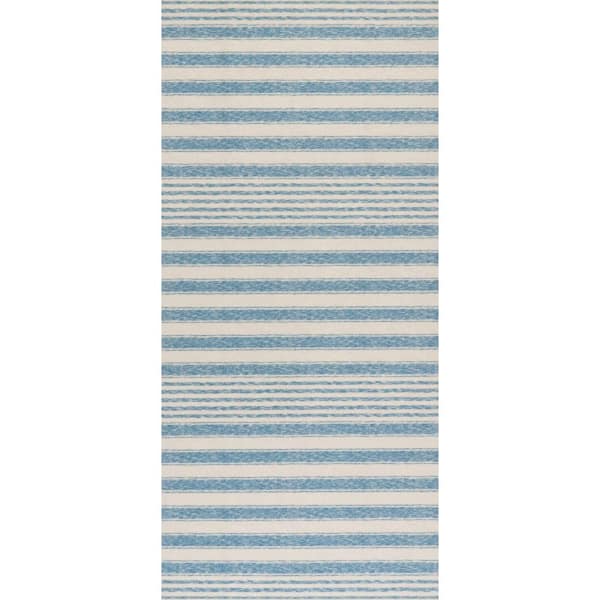 3 ft. x 8 ft. Blue Vion Coastal Striped Machine Washable Indoor Runner Rug