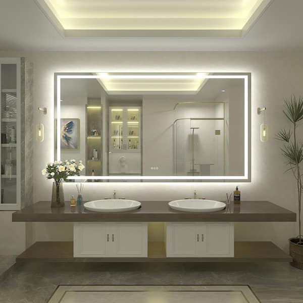 68 in. W x 38 in. H Rectangular Frameless Front and Back LED Lighted Anti-Fog Tempered Glass Wall Bathroom Vanity Mirror