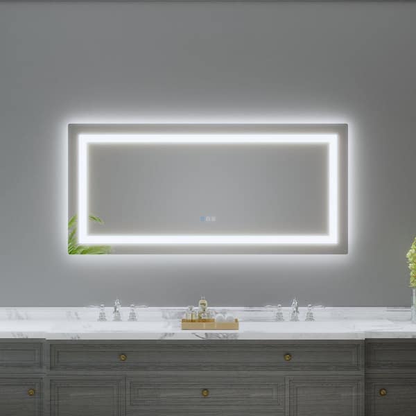 28 in. W x 60 in. H Rectangular Frameless Anti-Fog LED Light Wall Bathroom Vanity Mirror with Backlit and Front Light
