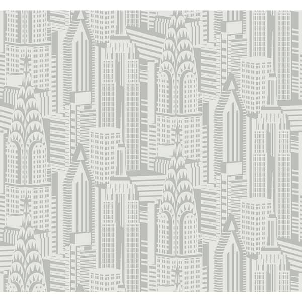 Seabrook Designs Silver Sky Manhattan Skyline Paper Un-Pasted Non-Woven Wallpaper Roll 60.75 sq. ft.