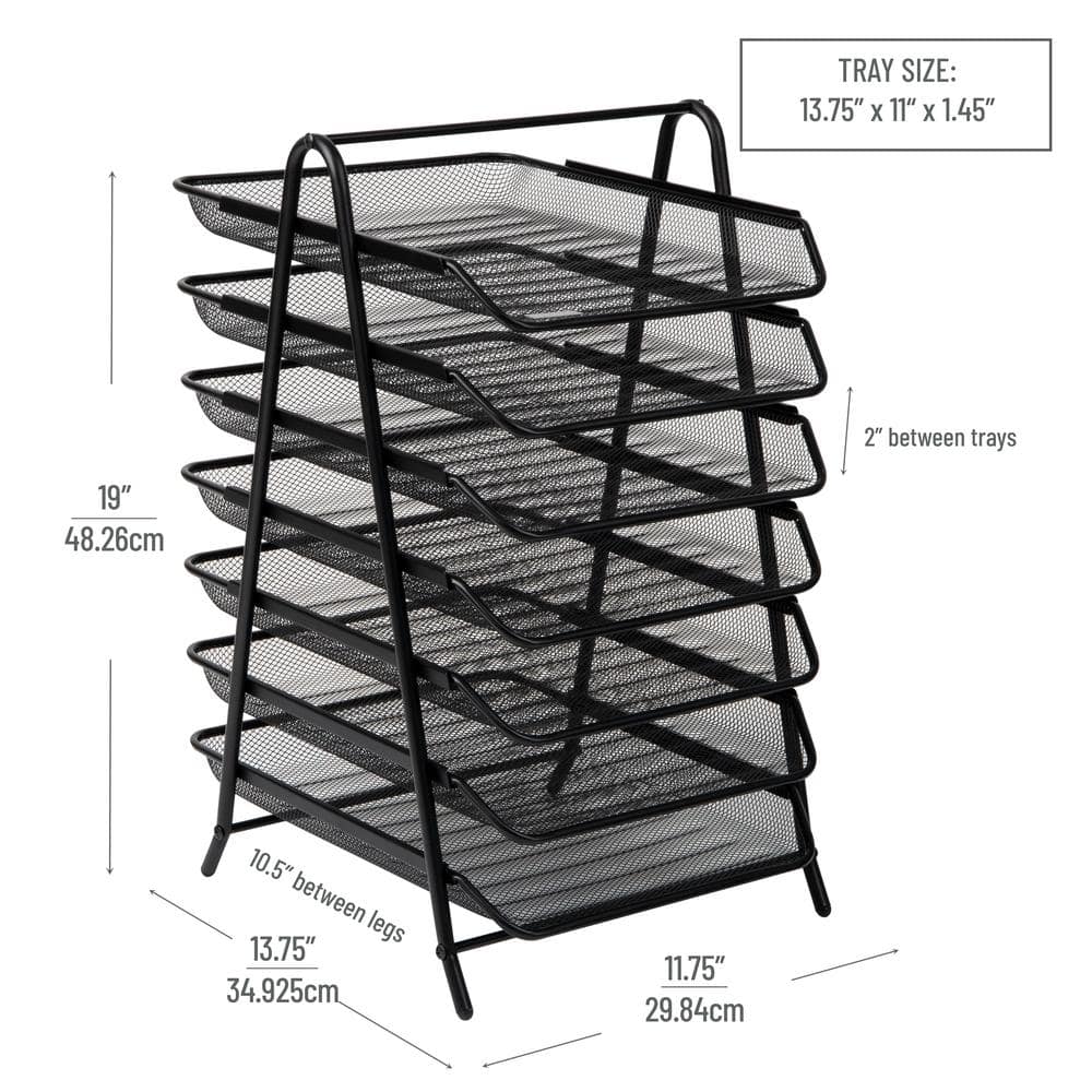 Black Metal Mesh 7-Tier Letter Tray Organizer with Handle