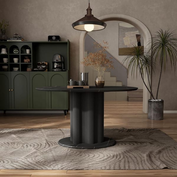 Furniture of America Esso Modern Faux Black Marble Engineered Wood Oval 55.1 in. Pedestal Dining Table Seats 6