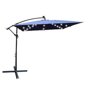8 ft. Umbrella Solar Powered LED Lighted Sun Shade Market Waterproof 8 Ribs Umbrella with Crank and Cross Base in Blue