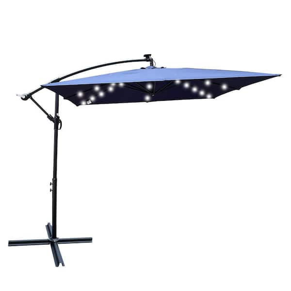 Sudzendf 8 ft. Umbrella Solar Powered LED Lighted Sun Shade Market Waterproof 8 Ribs Umbrella with Crank and Cross Base in Blue